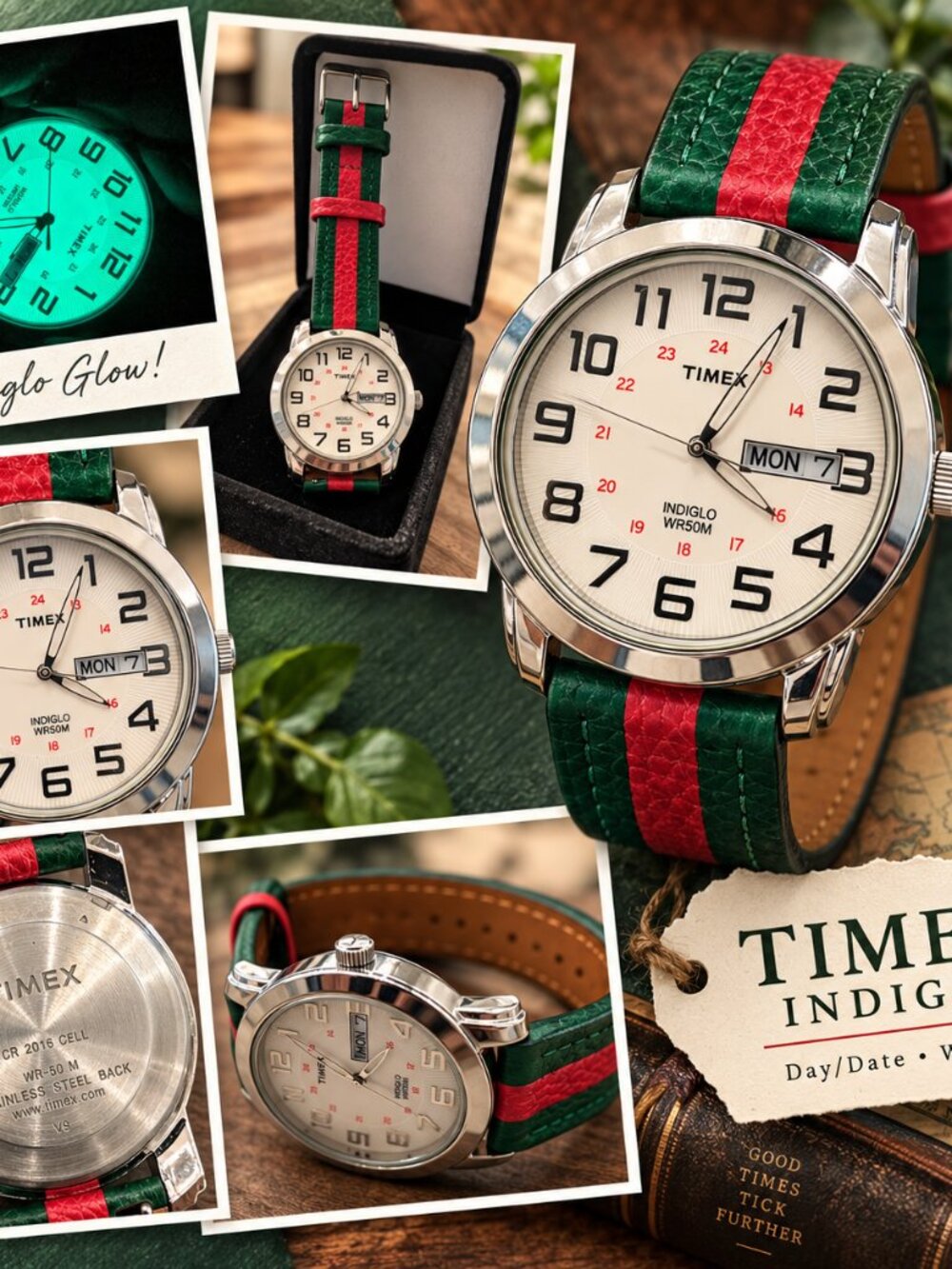 Timex Indiglo Men’s Day/Date Quartz Watch WR50M White Dial Red Green Leather Str